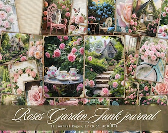 Roses Garden Junk Journal Pages, Floral Shabby Chic Printable Ephemera, Vintage Flower Scrapbooking Collage Sheet, Background Mixed Media