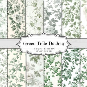 May include: A collection of 30 digital paper JPGs featuring green and white floral patterns in a Toile de Jouy style. Each paper measures 12x12 inches and has a resolution of 300 DPI. The designs include roses and other botanical elements.