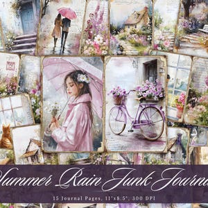 Summer Rain Junk Journal Pages, Botanical Printable Ephemera, Cozy Vintage Scrapbooking Collage Sheet, Background Mixed Media Paper ATC