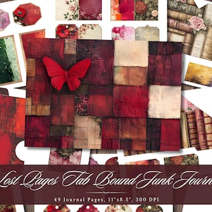 Verlorene Seiten Tabbound Junk Journal, Rote Blumen druckbare Ephemera, Vintage Blumen Scrapbooking Collage Sheet, Hintergrund Mixed Media Seiten