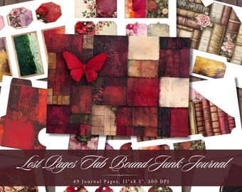 May include: A digital collage of 49 printable journal pages with a red, brown, and cream colour scheme. The pages feature a variety of designs, including butterflies, flowers, and books. The text "Lost Pages Tab Bound Junk Journal" is at the bottom of the image.