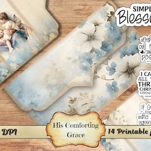 Seine tröstliche Anmut Junk Journal Kit, Aquarell Blau Floral druckbare Ephemera, Blume Scrapbooking Collage Sheet, Hintergrund Mischtechnik