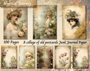 Old Postcards Junk Journal Kit, Vintage 1950s Victorian Printable Ephemera, Scrapbooking Collage Sheet, Digital Paper Floral Background ATC