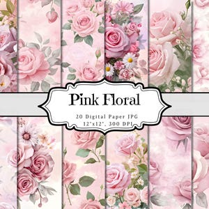 Carta digitale floreale rosa, effimera stampabile shabby chic floreale, foglio collage di album di ritagli rosa con acquerello botanico, sfondo con tecniche miste