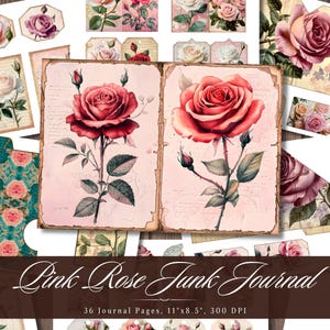 Pink Rose Junk Journal Paper, Digital Shabby Chic Pages, Vintage Botanical Printable Ephemera, Floral Scrapbook Collage, Flower Background