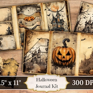 Kit de diário de Halloween, itens góticos assustadores para impressão, colagem de scrapbook assustador de casa mal-assombrada vintage, plano de fundo com técnica mista ATC