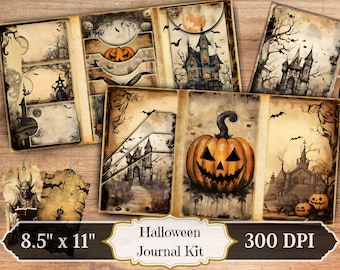 Zestaw do pisania dziennika na Halloween, upiorne gotyckie gadżety do druku, arkusz kolażu do albumu ze zdjęciami w stylu vintage z nawiedzonym domem, przerażające techniki mieszane ATC