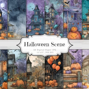 Vintage Halloween Digital Paper – Orange & Black Grunge Patterns with Skulls and Spiders – Printable Scrapbook, Junk Journal Kit