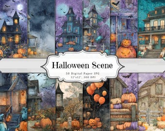 Vintage Halloween Digital Paper – Orange & Black Grunge Patterns with Skulls and Spiders – Printable Scrapbook, Junk Journal Kit