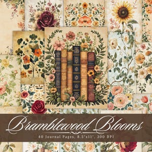 Bramblewood Blooms Junk Journal, vintage bloemen afdrukbare efemere verschijnselen, oude bloem scrapbooking collageblad, achtergrond pagina's met gemengde media