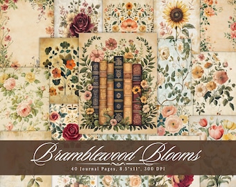 May include: A collection of vintage-style journal pages with floral and botanical designs. The pages feature roses, sunflowers, and other flowers, with a central image of books surrounded by a floral wreath. The text "Bramblewood Blooms" is displayed.