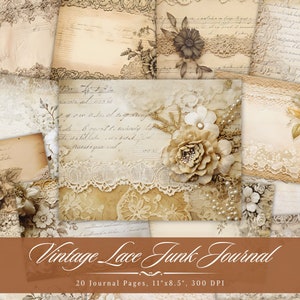 Vintage Lace Junk Journal Pages, Shabby Chic Floral Wedding Printable Ephemera, Scrapbooking Collage Sheet, Background Mixed Media Paper