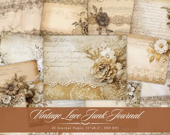 Papier do dziennika w stylu vintage z koronką, wzór antycznej koronki do druku, elegancki, romantyczny kolaż do scrapbookingu, 20 stron w formacie JPG