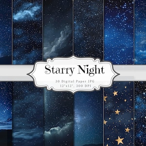 Papel digital de noche estrellada, diario basura de cielo nocturno con estrellas, efímera imprimible de galaxia nebulosa, hoja de collage de álbum de recortes espacial, página de fondo