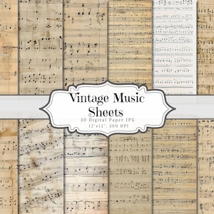 Papel digital de música vintage, efímera imprimible de páginas musicales antiguas, páginas de técnica mixta con fondo de partituras antiguas, hoja de collage para scrapbooking