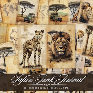 Safari ongewenste dagboekpapier, Afrikaanse dieren afdrukbare ephemera, vintage gele natuur plakboek collageblad, gemengde media achtergrondpagina