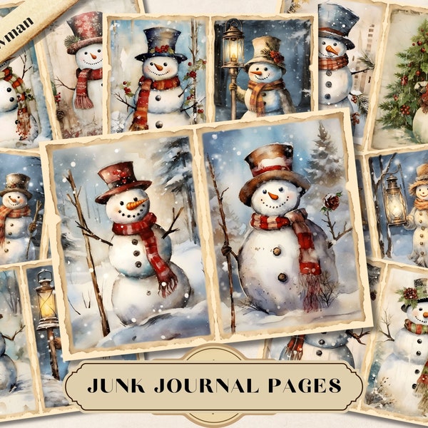 Snowman Junk Journal Pages, Christmas Themed Digital Shabby Chic, Printable Ephemera Decoupage Paper Pack,Scrapbook Collage Vintage ATC Card