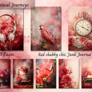 Papel de diario Shabby Chic rojo, kit de páginas de diario imprimibles, diario vintage con acuarela, técnica mixta, suministros para álbumes de recortes de música oscura