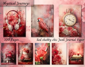 Red Shabby Chic Journal Paper, Printable Journal Page Kit Watercolor Vintage Journaling, Mixed Media, Dark Music Scrapbook Journal Supplies