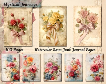 Blommig ros-ephemera, digital nedladdning av skräpjournalpapper i shabby chic-stil, dammrosa bukett och vintage-collagesidor