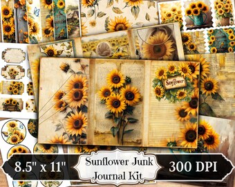Papel de diario basura con girasoles, efímera imprimible de girasoles, hoja de collage de scrapbooking floral, páginas de técnica mixta con fondo de flores ATC