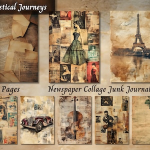 Colagem de jornal Junk Journal Paper, Vintage Written Aged Printable Ephemera, Páginas antigas de folhas de scrapbooking, Fundo Mixed Media ATC
