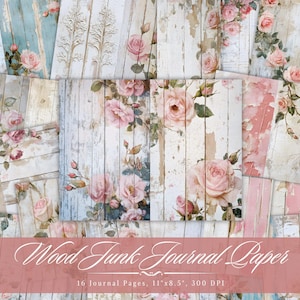 Papel de diario de madera, textura floral de madera, efímera imprimible, hoja de collage de álbum de recortes de flores vintage, página de técnica mixta de fondo ATC