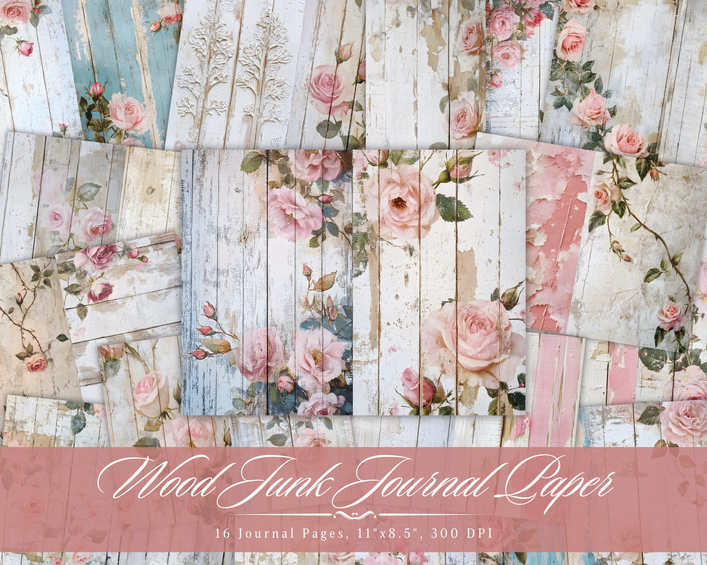 Wood Junk Journal Paper, Floral Wooden Texture Printable Ephemera, Vintage Flower Scrapbook Collage Sheet, Background Mixed Media Page ATC