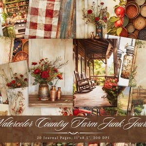 Diário de fazenda de aquarela, itens efêmeros para impressão de casa rústica vintage, folha de colagem de scrapbook de animais de fazenda, plano de fundo digital ATC