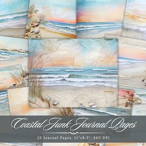 Coastal Junk Journal Pages, strand oceaan afdrukbare efemere verschijnselen, zonsondergang golven scrapbooking collageblad, nautisch digitaal papier mixed media ATC