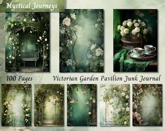 Victorian Garden Pavilion Junk Journal, Nature Floral Printable Ephemera, Vintage Watercolor Flower Scrapbook, Collage Background Spring ATC