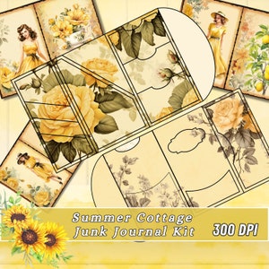 Summer Cottage Junk Journal Kit, Yellow Printable Ephemera Paper, Flower Shabby Chic Scrapbooking Collage Sheet, Background Page Mixed Media