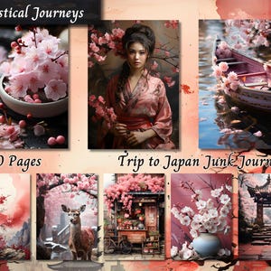 Trip To Japan Junk Journal Paper, Japanse shabby chic afdrukbare ephemera, vintage plakboek kersenbloesem, gemengde media achtergrondpagina's