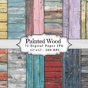 Puede incluir: Un conjunto de papel digital con varias texturas de madera pintada en una variedad de colores. La imagen incluye tablones de madera pintados en tonos de amarillo, azul, rosa, morado, verde, gris, rojo y turquesa. El texto "Painted Wood" se muestra en una pancarta blanca.
