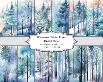 May include: A set of 30 digital papers featuring watercolor illustrations of a winter forest. The papers are 12 inches by 12 inches and 300 DPI.