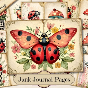 Journal de la camelote coccinelle, éphémères imprimables insectes vintage, feuille de collage pour scrapbooking animal coccinelle vieux, fond Pages techniques mixtes