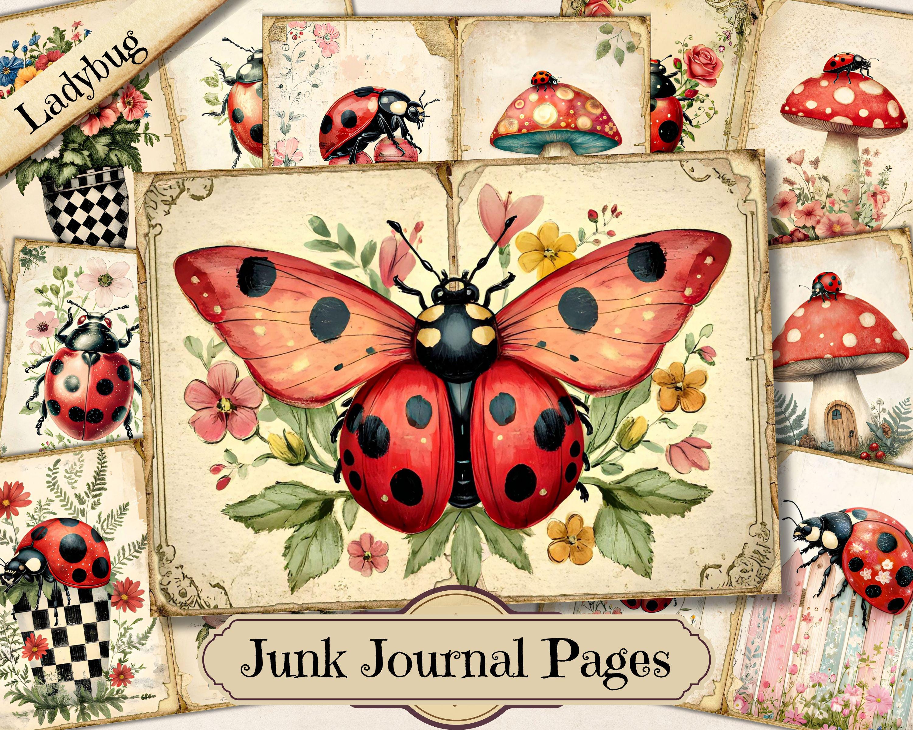 Ladybug Junk Journal, Vintage Insect Printable Ephemera, Lady Bug Animal Old Aged Scrapbooking Collage Sheet, Background Mixed Media Pages
