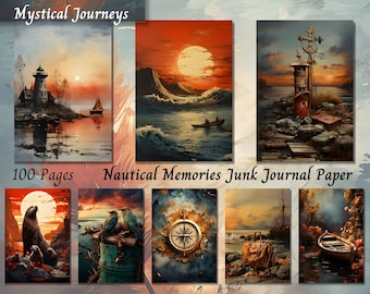 May include: A set of 100 pages of junk journal paper featuring nautical themed illustrations. The paper features images of lighthouses, seascapes, boats, and other nautical imagery. The paper is perfect for creating journals, scrapbooks, and other paper crafts.
