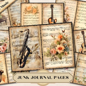 Páginas de diarios basura de música vintage: arte digital decoupage, partituras imprimibles, efímera de papel envejecido, collage de gráficos de instrumentos musicales