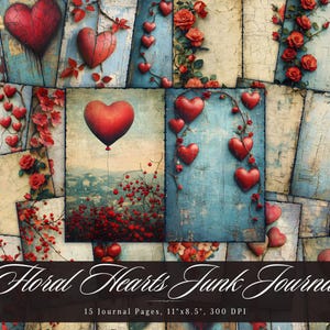 Floral Hearts Junk Journal, Valentine Day Shabby Chic Page, Vintage Printable Ephemera Paper, Scrapbook Collage Sheet,Background Mixed Media