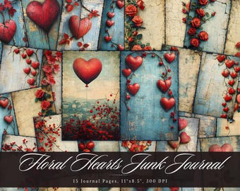 Floral Hearts Junk Journal, Valentine Day Shabby Chic Page, Vintage Printable Ephemera Paper, Scrapbook Collage Sheet,Background Mixed Media