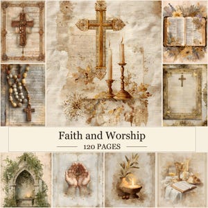 Könnte beinhalten: Eine Sammlung von 120 Seiten Faith and Worship mit Illustrationen im Vintage-Stil von Kreuzen, Kerzen, aufgeschlagenen Bibeln, Rosenkränzen, gefalteten Händen und Steinbögen mit Grünpflanzen in einer gedämpften, sepiafarbenen Ästhetik.