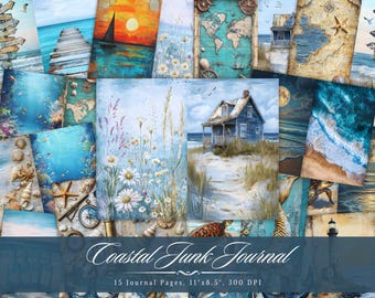 Coastal Junk Journal Page, Beach Seaside Sand Printable Ephemera, Vintage Nautical Ocean Scrapbook Collage Sheet, Background Mixed Media ATC