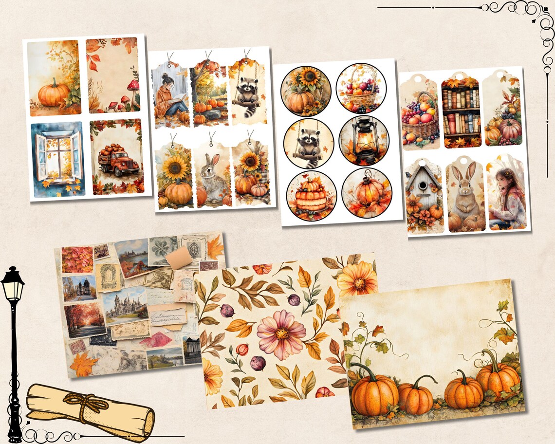 Cozy Autumn Junk Journal Kit, Halloween Fall Leaves Printable Ephemera ...
