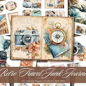 Pages de carnet de voyage rétro, éphémères imprimables de vacances vintage, vieille feuille de collage pour scrapbooking, papier technique mixte de fond ATC