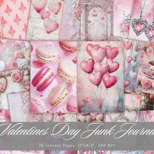 Journal indésirable de la Saint-Valentin, éphémères imprimables shabby chic, feuille de collage vintage amour scrapbooking, fond rose coeur mignon pages ATC