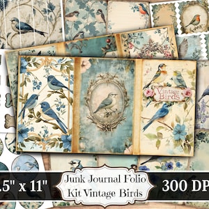 Kit de folio para diario basura con pájaros vintage, efímera imprimible de pájaros envejecidos, hoja de collage de scrapbooking floral antiguo, páginas de técnica mixta de fondo ATC