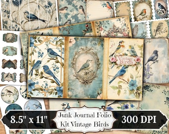 Kit Junk Journal Folio Uccelli Vintage, Effimere stampabili con uccelli invecchiati, Foglio collage di scrapbooking floreale antico, Pagine di sfondo con tecniche miste ATC