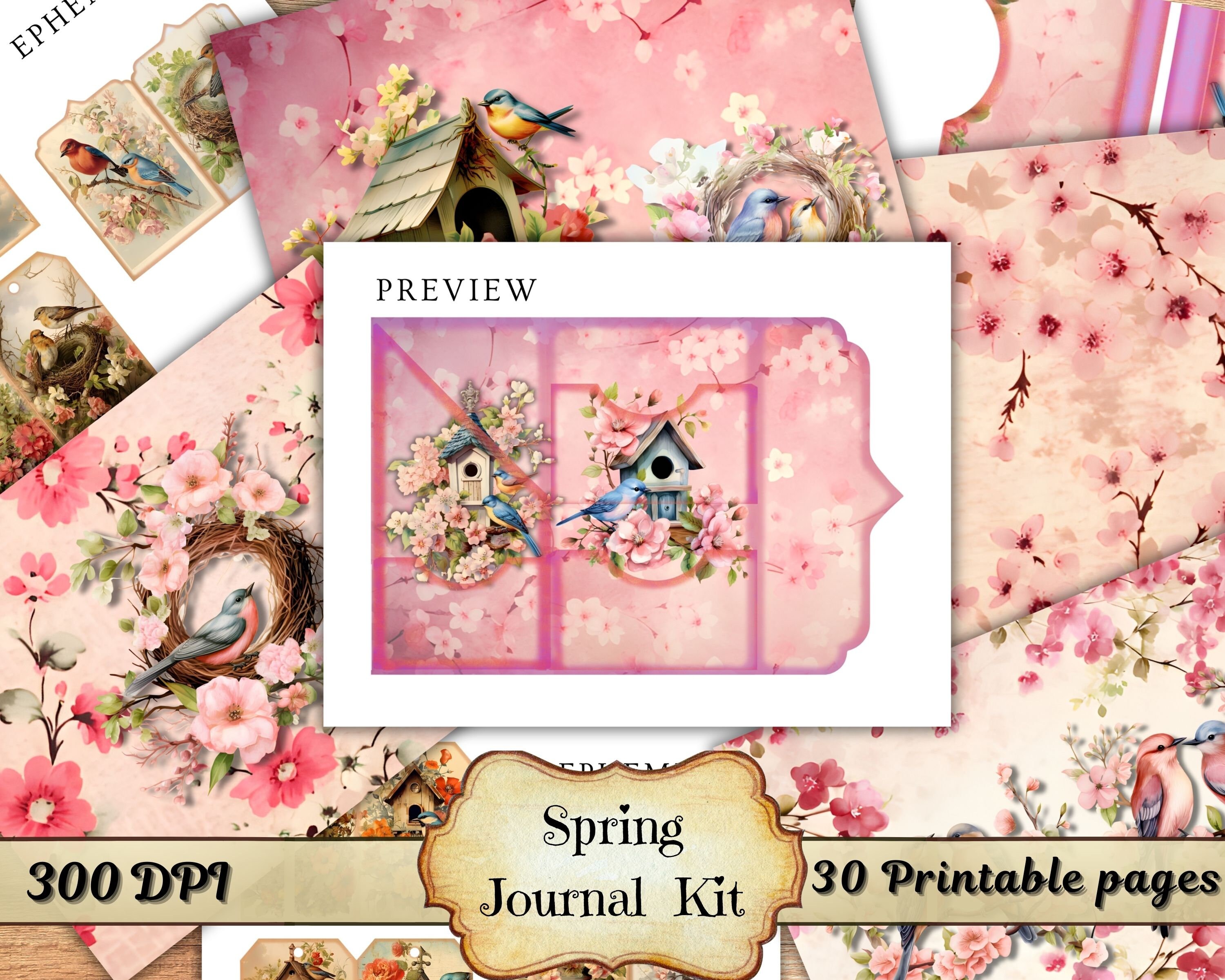 Spring Junk Journal Kit Paper, Floral Pink Nature Shabby Chic Page ...