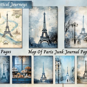 Karte von Paris Junk Journal Papier, Frankreich Digital Aquarell druckbare Ephemera, Eiffelturm blau Scrapbook Collage, Mixed Media Hintergrund